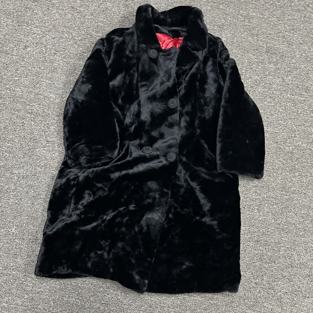 Donny brook Faux Fur Coat Womens L Black Good Red Lining Plush Button Front